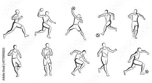 Line art illustration depicting various sports activities, including running, throwing, and kicking a ball.