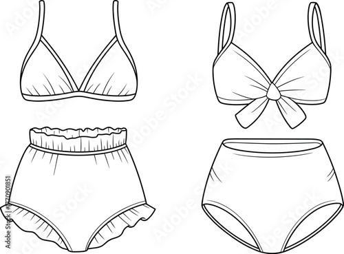Lingerie and Sleepwear Technical Flat Sketch Vector Set, Featuring Bralettes and High-Waisted Panties with Ruffles and Bows, CAD Drawing Flat Vector Illustration