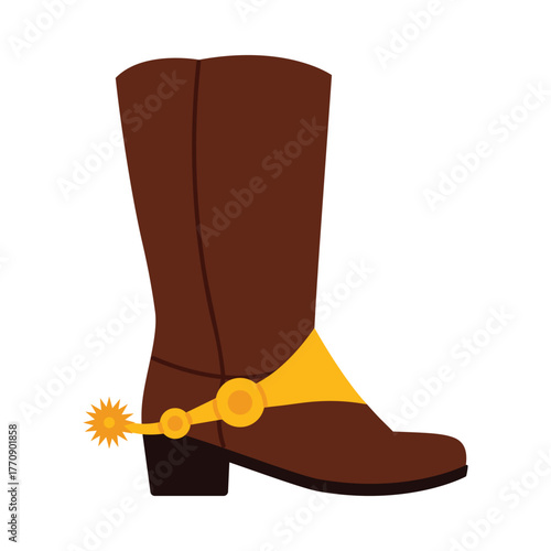 Traditional brown cowboy boot with gold spur on white background, isolated western style vector illustration