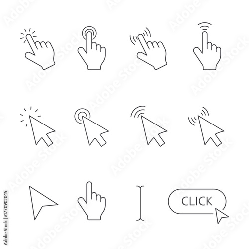 Mouse hand arrow icon set. Vector isolated illustration. Line art
