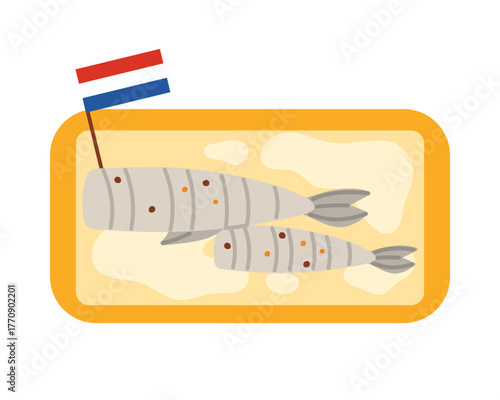 Isolated Dutch herring fish on tray with Netherlands flag for traditional food concept vector illustration