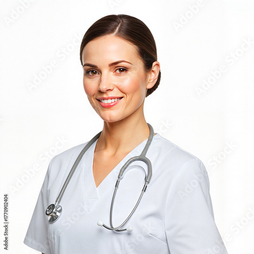 Nurse with stethoscope smiling on white background