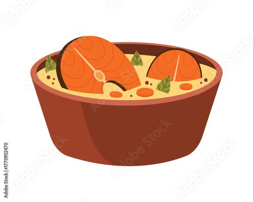 Isolated Norwegian fish soup with salmon, vegetables, and herbs in a brown bowl vector illustration