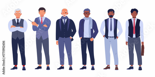 Diverse group of men in formal business attire standing together against a white background