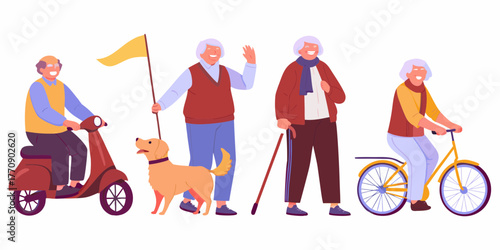 Diverse group of happy elderly people enjoying outdoor activities on a scooter bicycle and with a dog