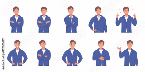 Collection of cartoon man expressions and gestures showing different emotions and ideas