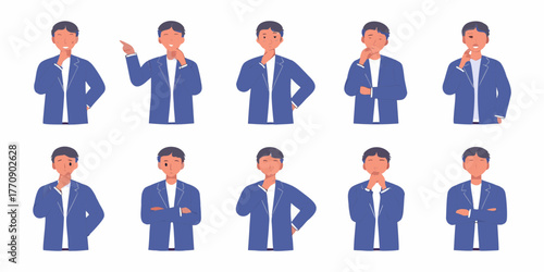 Collection of business man poses expressing thoughtful expressions and gestures