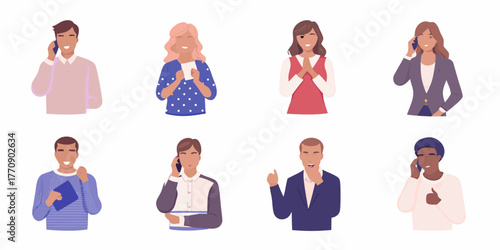 Diverse group of people in casual and business attire communicating and expressing emotions on white background