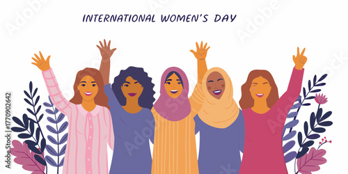 Diverse group of women celebrating international women s day with raised hands and joyful expressions