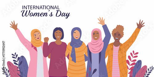 Diverse group of women celebrating international women s day with raised hands and joyful expressions