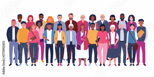 Diverse group of people of different ages and ethnicities standing together in a crowd