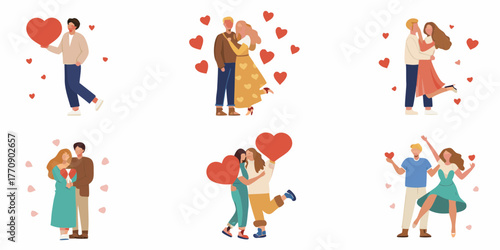 Collection of diverse couples embracing and holding hearts celebrating love and romance