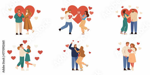 Collection of diverse couples celebrating love and romance with hearts