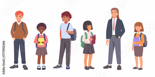 Diverse group of students with backpacks and books standing together against a white background