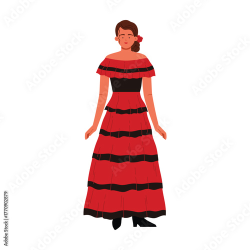 Elegant Spanish woman wearing a red flamenco dress with flower, isolated on white vector illustration