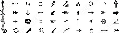 Collection of diverse hand drawn arrow icons and symbols representing direction and movement in a simple black and white design