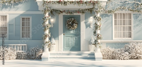 house decorated with a Christmas wreath and garlands illustration.