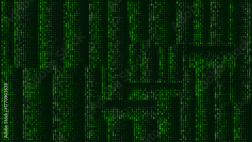 Green matrix background. Falling numbers on screen. Technology stream binary code. Digital vector illustration. Hacking concept.