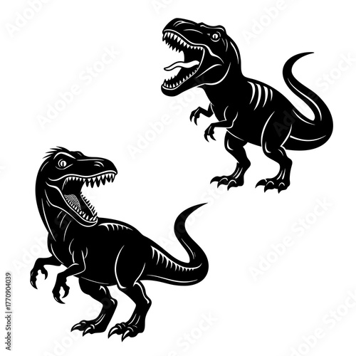 Two black silhouette tyrannosaurus rex dinosaurs roaring with sharp teeth isolated on white background