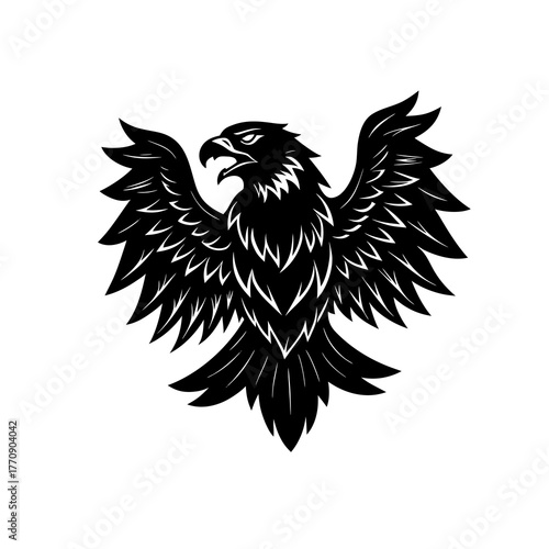 Black eagle with spread wings in a heraldic style isolated on white background