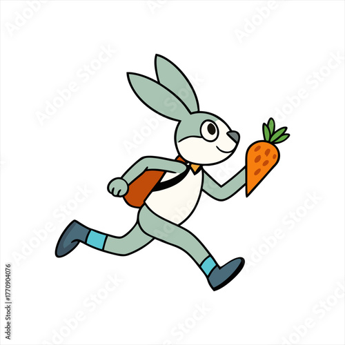 Cartoon rabbit with backpack running with a carrot isolated on white background