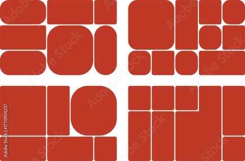 Geometric composition, featuring rectangles, squares, and circles arranged in a structured, minimalist design pattern