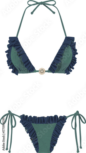 Stylish Crocheted Bikini Set in Deep Teal and Navy Blue with Ruffled Accents and Gold Charm, Perfect Beach Swimwear Fashion, CAD Drawing Flat Vector Illustration