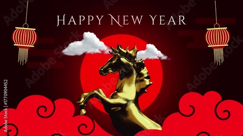 Chinese new year digital animation with red sun clouds lanterns and festive ornaments on dark background