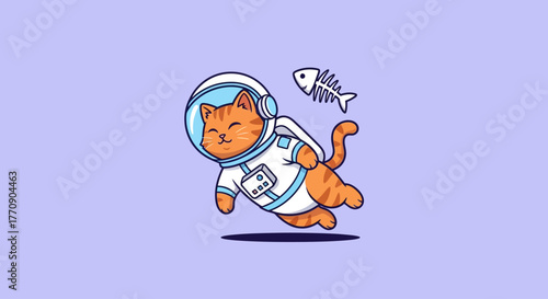Cute AstroCat Astronaut Character Floating in Outer Space Holding a Fish Bone – Flat 2D Vector Illustration