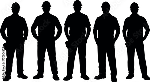 Construction Workers Silhouette Stand Together as Teamwork Workforce Concept