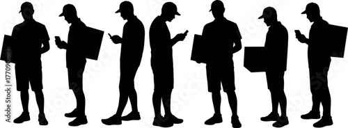 Delivery service workers concept many silhouette of people holding package box