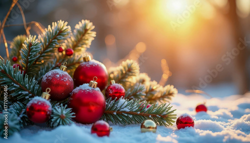 Festive red ornaments resting on snow-covered pine branches during a warm winter sunset