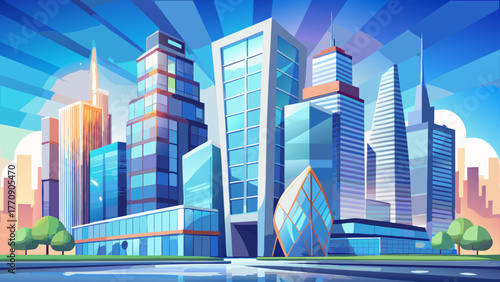 Very beautiful view of high-rise office buildings with modern glass facades reflecting sunlight, urban skyline composition, contemporary architecture, and a clear blue sky creating a professional and 
