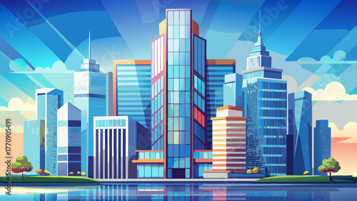 Very beautiful view of high-rise office buildings with modern glass facades reflecting sunlight, urban skyline composition, contemporary architecture, and a clear blue sky creating a professional and 