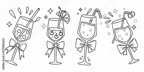Four festive hand drawn outline cocktails with bows and decorative elements for celebration