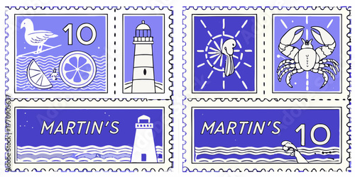 Collection of four unique postage stamps featuring nautical and seaside illustrations in a charming hand drawn style