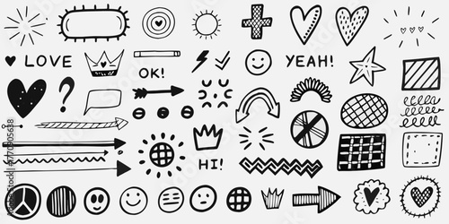 Collection of hand drawn doodle icons and symbols including hearts smiley faces arrows crowns and abstract shapes