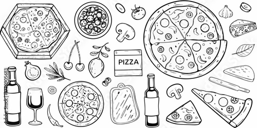 Hand drawn pizza ingredients and food items collection with bottles and glass