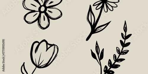 Simple black ink hand drawn floral elements and leaves on a beige background