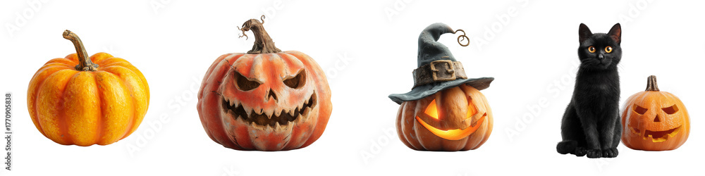 Fototapeta premium Set of Halloween pumpkins with carved faces and black cat transfer background