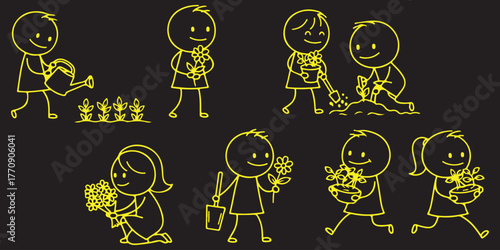Stick Figure Gardeners Illustration Joyful Kids Planting Flowers Watering Plants and Tending to Their Garden in Yellow