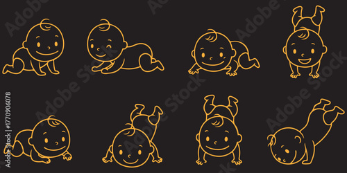 Cute Baby Line Art Vector Set Adorable Infant Poses Smiling Faces Playful Crawling Handstand Fun Nursery Decor Childrens