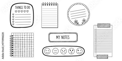 Doodle Stationery Vector Line Art Collection Cute Planner Notes Stickers School Study Journaling Design and Scrapbooking