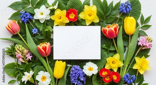 Blank card framed by vibrant spring flowers and green leaves for text