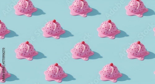 Seamless pattern of pink melted sweet desserts with sprinkles on a blue background