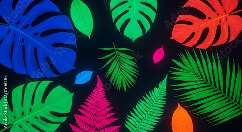 Vibrant tropical leaves glowing in electric neon colors on a dark background