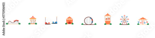 Amusement park set. Carnival festival vector set. Roller coaster entertainment. Isolated recreation set.
