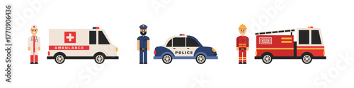 Emergency team vector set. Police officer with car. Doctor with ambulance car. Firefighter with firefighting vehicle.