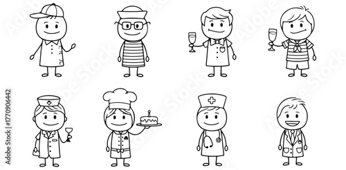 Cartoon Characters Stick Figures of Professionals Baker Sailor Nurse Doctor Waiter Boy Occupation Professions Simple