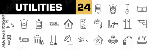 Utility vector set. Power energy for home meter. Plumbing and heating supply line icon set.